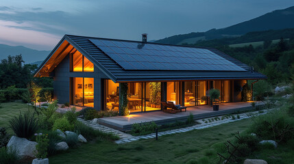 Solar panels on a house, photo of real estate at night with light from solar panels. Eco life. generative ai