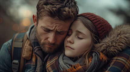 Fototapeta premium Father and daughter hug and cry, sad photo of farewell, understanding, support in sad moments. generative ai