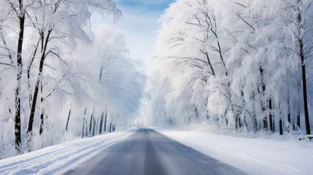 a road with snow on the ground and trees covered with snow on the right side