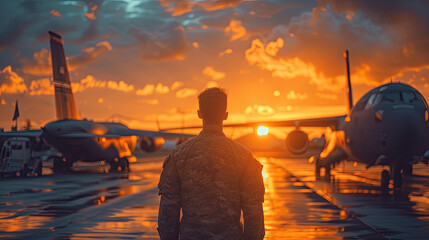 A man in military uniform who defends the country walks towards the sunset towards planes and military transport. War and the army, mobilization and conscription. generative ai - obrazy, fototapety, plakaty