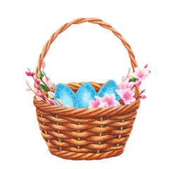 Fototapeta na wymiar Wicker basket with blue eggs, branches sakura and willow on a white background. Hand drawn watercolor illustration. For design, cards, invitations, congratulations, packaging, printing, advertising.