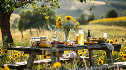 A rustic picnic table set up in a field of sunflowers with jars of lemonade a fruit tart and a vase of wildflowers as decorations. - Powered by Adobe