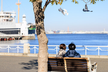 港のベンチに座る恋人たち、空を飛ぶ鳩