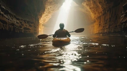 Fotobehang Subterranean river cave kayaking journey © Gefo