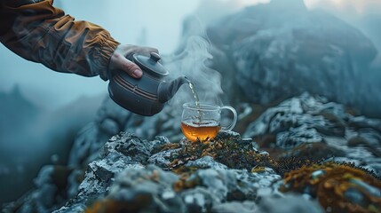 Mountain summit tea brewing ritual - obrazy, fototapety, plakaty