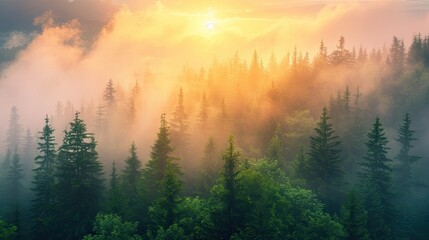 A sunrise over a healthy, vibrant forest, symbolizing hope and renewal in global wellness