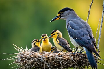 Fototapeta premium A heartwarming close-up image capturing a bird parent tenderly feeding its eager baby, with a softly blurred background enhancing the intimacy of the moment and emphasizing the bond