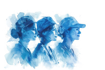 Blue watercolor painting of a group of medical professionals