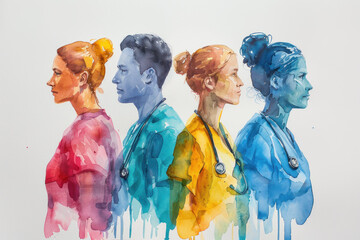 Colorful watercolor painting of a group of medical professionals