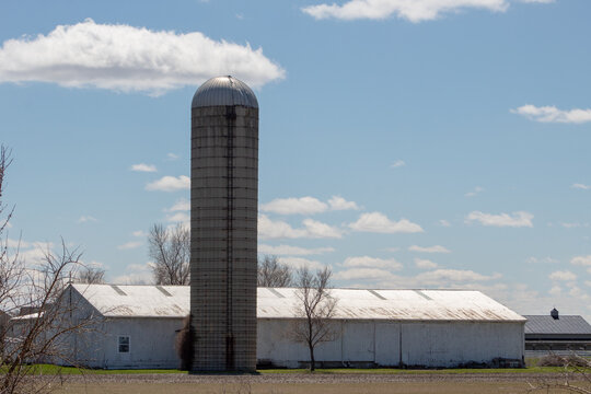Farm building and silo for grain storage.