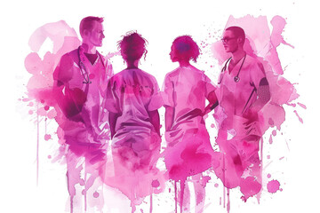 Pink watercolor painting of a group of medical professionals
