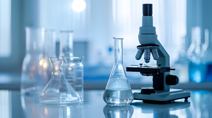 A beaker and microscope on desk clean background.