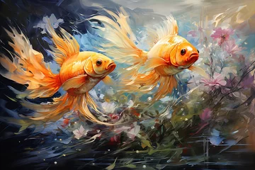 Fotobehang Fantasy fish abstract oil painting wall art background with generative AI © LebahStudio