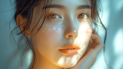 Very beautiful natural woman without make-up, skin income, beauty cosmetics and creams. Korean, cute Asian. generative ai