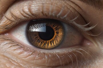 a close-up of a brown eye surrounded by wrinkled skin, with a reflection on the iris and detailed textures highlighted by light and shadow.