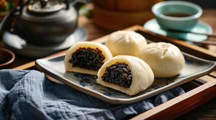 Product photography, Chinese food, Three steamed buns filled with black rice and red dates inside the square shaped brown sugar cake on a rectangular grey plate placed on a wooden tray with a blue clo