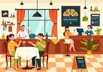 Italian Food Restaurant or Cafeteria Vector Illustration with Traditional Italy Dishes Pizza or Pasta in Flat Cartoon Background Design