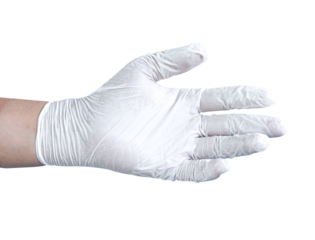 Male hand in white medical glove isolated on transparent background. PNG File