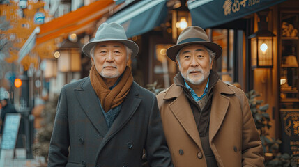 Two old stylish Chinese, Asian, Korean gay men stylishly dressed in bright clothes are walking down the street. generative ai