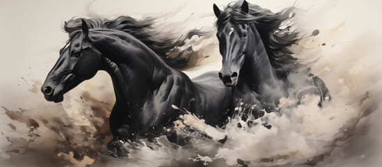 Watercolor painting, illustration, two black horses