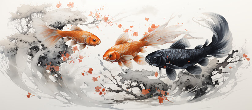 Watercolor, illustration, goldfish and fish