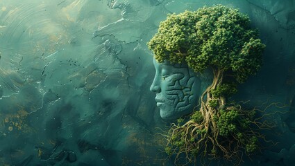 An artistic representation of a tree with roots and branches forming a brain, symbolizing Growth, Wisdom, and the interconnection of ideas and development