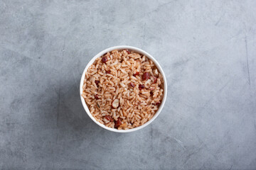 A top down view of a bowl of Jamaican rice and peas.