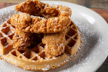 A closeup view of a plate of chicken and waffles.