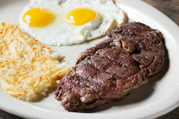 A closeup view of a plate of steak and eggs.