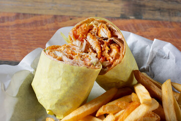 A view of a Buffalo chicken wrap.