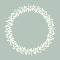 Handmade linocut organic vector wreath in whimsical scandi style. Folkart natural woodland frame with woodcut effect for digital monochrome artwork. 