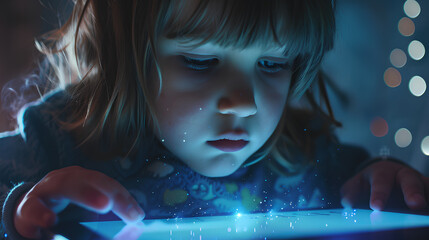 Child with tablet learning in a low-light environment.