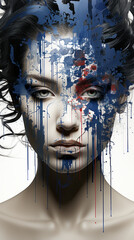Abstract Digital Art Portrait of Woman with Blue and Red Paint Splatters

