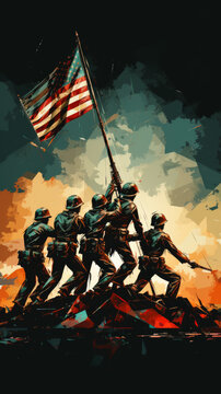 Dramatic Illustration of Soldiers Raising Flag on Battlefield

