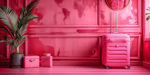 A banner with a pink suitcase on a pink background, a pink interior design of a travel hotel.