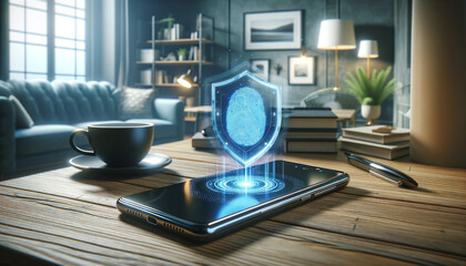 A smartphone on a desk under a blue hologram of a fingerprint and a shield, symbolizing high-level cybersecurity in a cozy apartment setting.