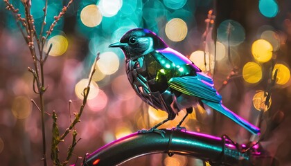 Robotic Bird , sitting on a metallic branch, cyber punk concept.