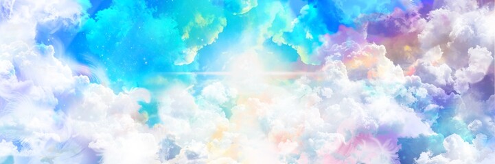 Wide size landscape illustration of a beautiful entrance to heaven, shining divinely through the rainbow-colored clouds.	