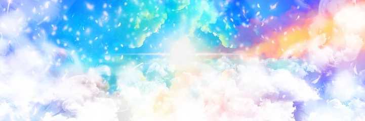 Foto op Canvas 虹色の雲間から神々しく輝く美しい天国の入り口と桜の花びらと白い雲海の背景イラスト © NORIMA