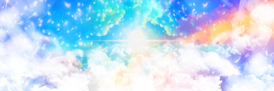 虹色の雲間から神々しく輝く美しい天国の入り口と桜の花びらと白い雲海の背景イラスト
