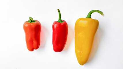 Three fresh bell peppers in red, red chili, and yellow colors aligned on a white background with copy space, ideal for culinary themes or healthy eating concepts