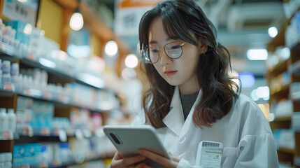 Asian women Pharmacist with tablet inventory in pharmacy - obrazy, fototapety, plakaty
