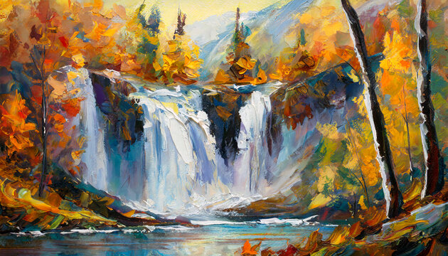Painting of waterfalls in a colorful landscape