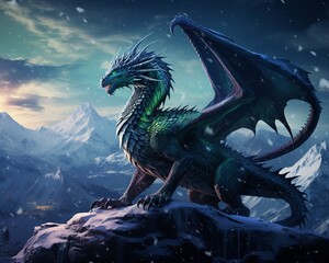 A majestic dragon perched atop a snow-covered mountain overlooking a vast frozen landscape under the aurora borealis Its scales shimmer in the ethereal light