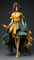 Fototapeta premium A yellow and brown and green origami figure wears an avant-garde outfit with geometric shapes dance with high heels. The big falcon that made of origami with her