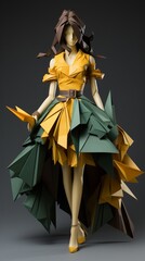 A yellow and brown and green origami figure wears an avant-garde outfit with geometric shapes dance with high heels. The big falcon that made of origami with her