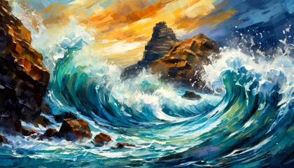 Painting of waves on a rocky ocean in an impressionistic style