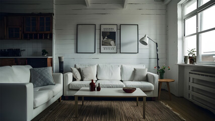 Fototapeta na wymiar Square coffee table near white sofa and rustic cabinets against white wall with blank poster frames with copy space. Japanese home interior design of modern living room.