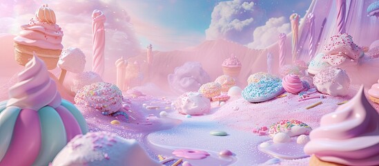 A 3D Candy Land background with pastel hues, depicting a whimsical landscape of sugary treats. 🍭🌈✨ Immerse in a magical world of enchantment! - obrazy, fototapety, plakaty