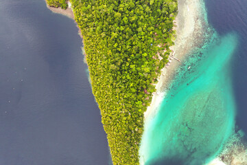 Eco-resort amid tropical rainforest, ocean, beach, and coral reef on Batanta Island in Indonesia's Raja Ampat, West Papua